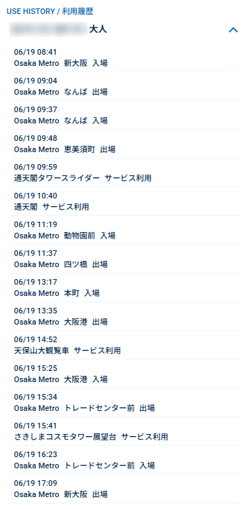 大阪周遊パスの利用履歴